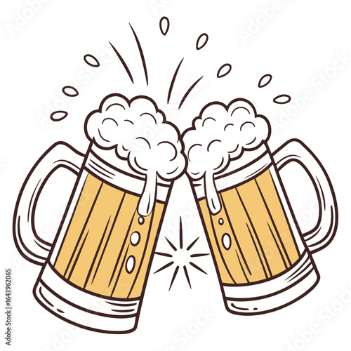 Two beer mugs toasting isolated on white background, a symbol of friendship and celebration with a refreshing beverage