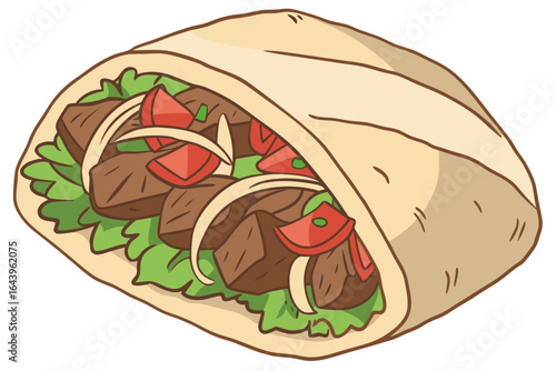 Delicious cartoon style gyro sandwich with meat lettuce tomato and onion isolated on white background