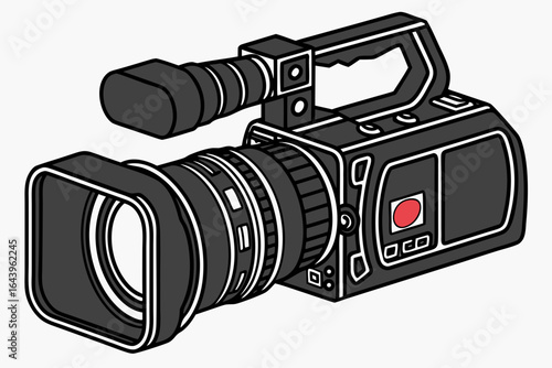 Professional digital video camera with lens and handle isolated on white background