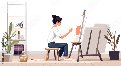 A Young Woman Painting on Canvas in a Bright Artistic Studio.