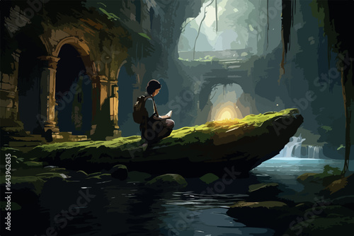 A glowing relic from antiquity floats silently above a moss-lined creek deep in the jungle, as a lone wanderer studies it within the ruins, cinematic digital illustration .