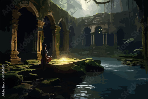 A glowing relic from antiquity floats silently above a moss-lined creek deep in the jungle, as a lone wanderer studies it within the ruins, cinematic digital illustration.