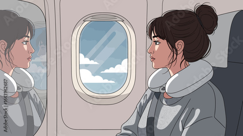 Animated Woman Gazing Out Airplane Window Contemplating Clouds and Reflection.