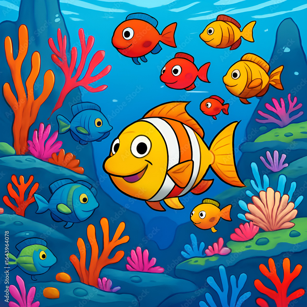 Naklejka premium Happy fish swimming under the sea in a coral reef. Ai