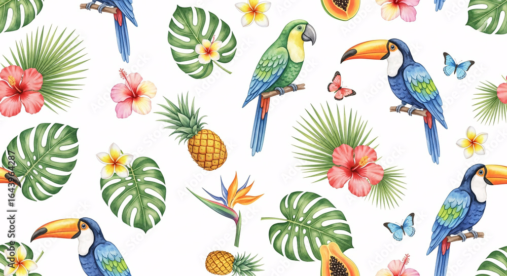 Fototapeta premium Seamless watercolor tropical pattern with parrots, toucans, hibiscus flowers, monstera leaves, pineapples, papayas, butterflies and palm leaves, exotic summer design for fabric, wallpaper and decor 