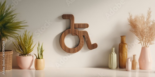The wooden accessibility symbol displayed amidst a stylish plant arrangement.