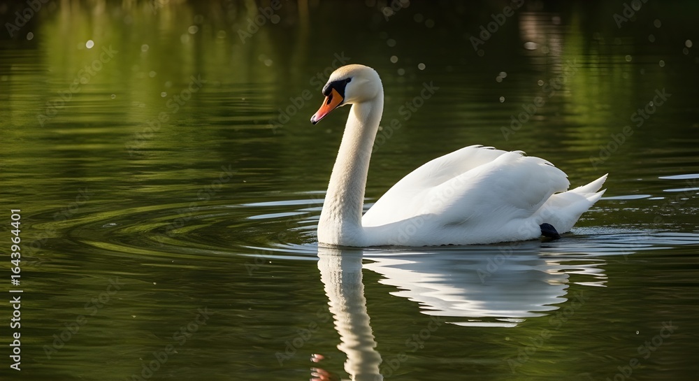 White swan gracefully swimming in calm lake with soft ripples and reflection White swan gracefully swimming in calm lake with soft ripples and reflection