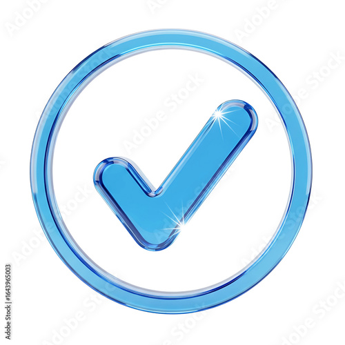 A shiny blue glass checkmark symbol inside a circular outline isolated on transparent background