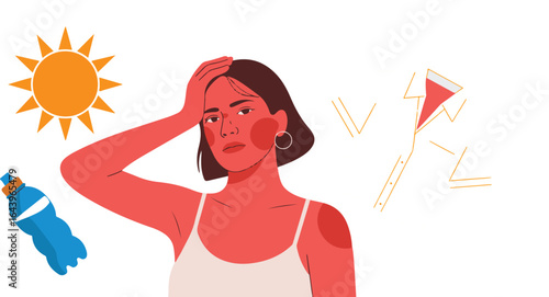 UV Overexposure Effects – Sunburned Woman and Heatstroke Concept