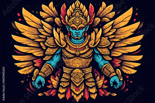 Epic Blue-Skinned Mythical Warrior with Golden Wings and Ornate Armor