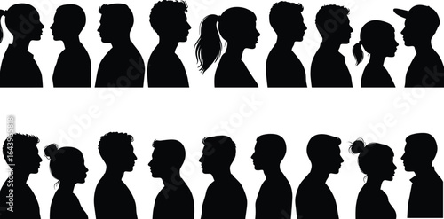 Silhouette profile portraits, diverse individuals, men and women, facing each other, black and white, isolated, vector illustration, minimal design
