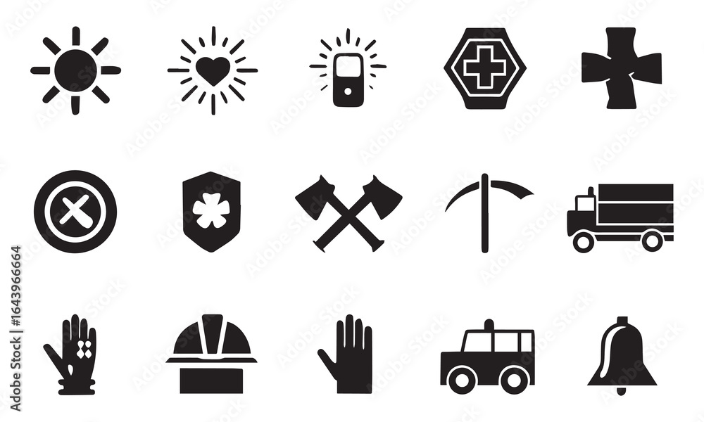 Fototapeta premium Emergency and Fire Safety Icons Ambulance, Fire Truck, Medical, Alert, and Rescue Symbols