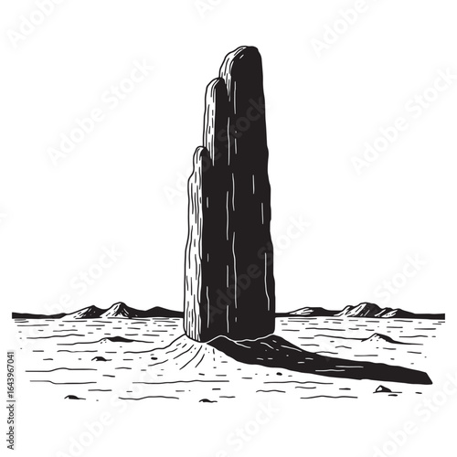 Dramatic illustration of a tall rocky formation casting a long shadow on barren terrain