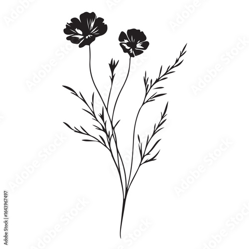 vertical poster or card template with a simple icon of a mallow bud drawn with several lines in line art style, for logos and tattoos