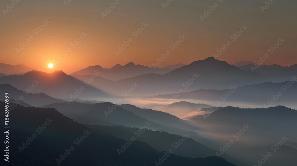 Obraz premium Sunrise over mountains with mist.
