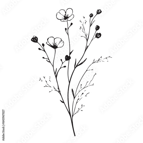 vertical poster or card template with a simple icon of a mallow bud drawn with several lines in line art style, for logos and tattoos