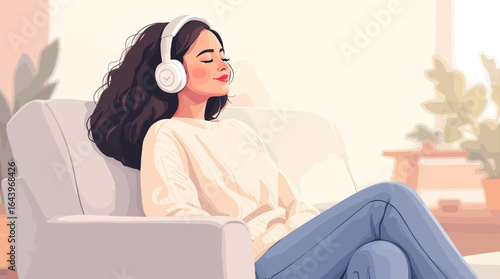 Relaxed Woman Listening to Music with Headphones Eyes Closed on Sofa.
