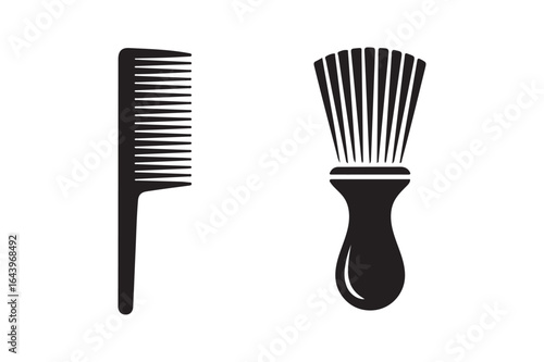 Professional barber supplies, including a classic comb and a traditional shaving brush, illustrating essential hairdressing tools for a stylish grooming experience.
