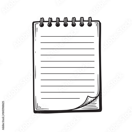 Hand drawn sketch of a lined notebook with curled corner and spiral binding