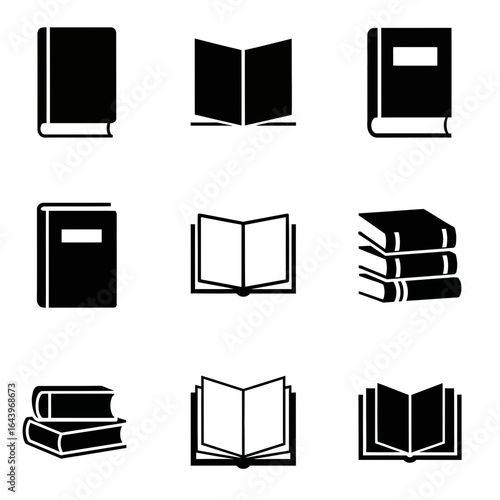 Collection of Nine Monochrome Book Icons Closed Open Stacked