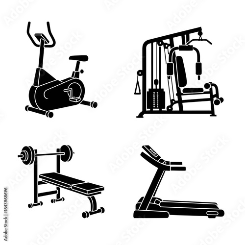 Four Black Silhouettes of Gym Equipment Exercise Bike Machine Bench Treadmill