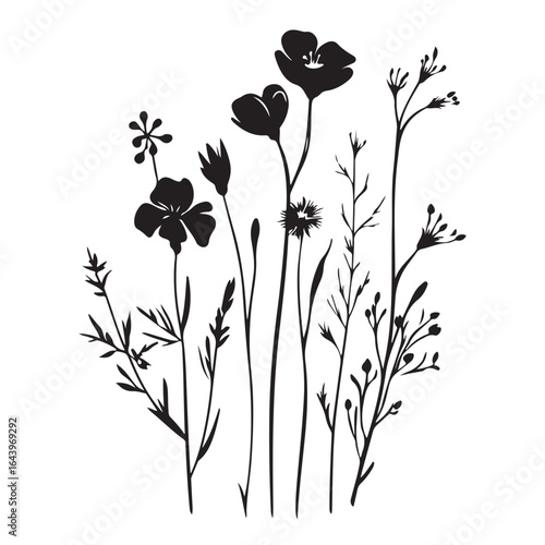 vertical poster or card template with a simple icon of a mallow bud drawn with several lines in line art style, for logos and tattoos