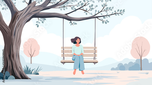 Serene Woman on a Swing Beneath a Tree in a Peaceful Landscape.
