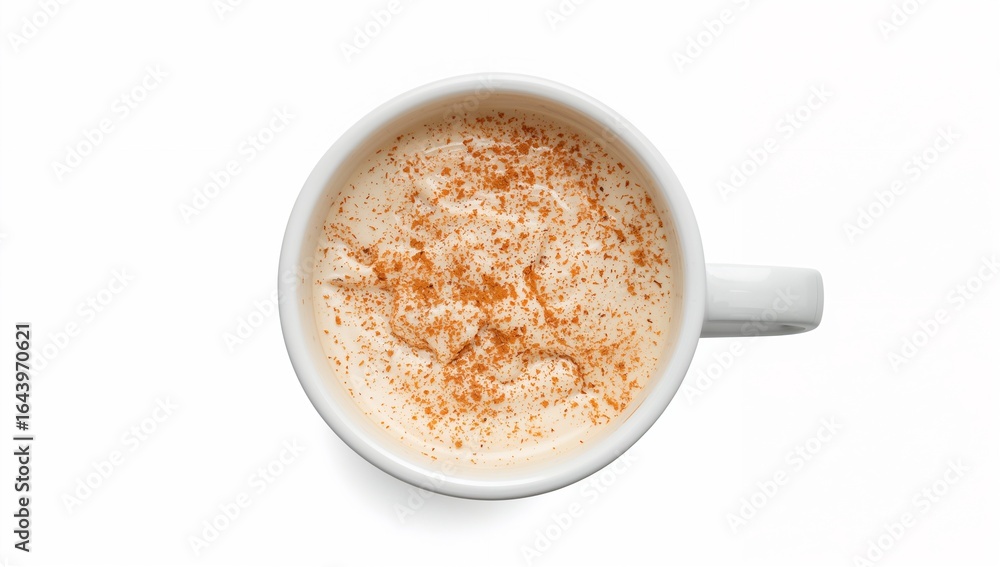 A frothy, creamy drink topped with a dusting of spice powder. A frothy, creamy drink topped with a dusting of spice powder.