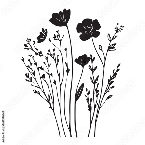 vertical poster or card template with a simple icon of a mallow bud drawn with several lines in line art style, for logos and tattoos