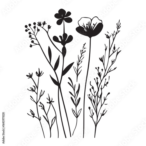 vertical poster or card template with a simple icon of a mallow bud drawn with several lines in line art style, for logos and tattoos
