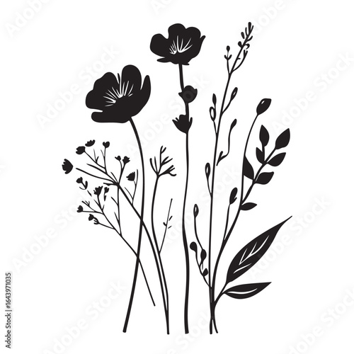 vertical poster or card template with a simple icon of a mallow bud drawn with several lines in line art style, for logos and tattoos