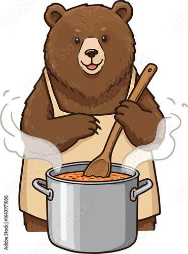 Cute Chef Bear Clipart Vector Illustration of Happy Cartoon Brown Bear Cooking Soup in Pot