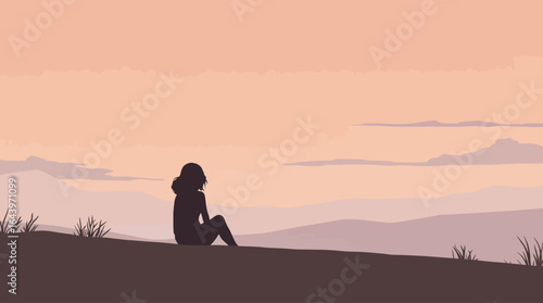 Silhouette of a Contemplative Figure Gazing at the Sunset Landscape.