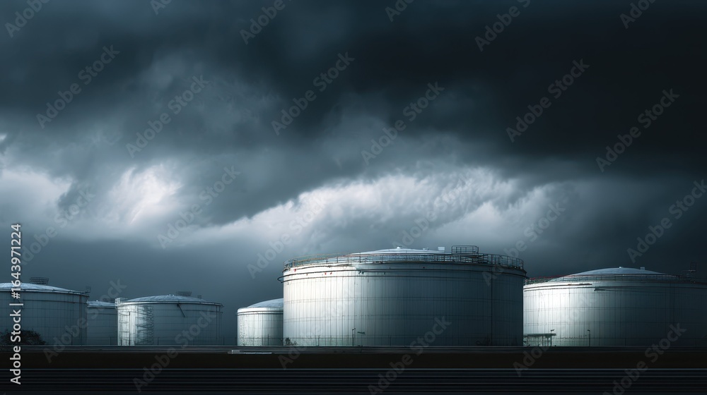 Obraz premium Massive Fuel Storage Tanks under Dramatic Stormy Sky