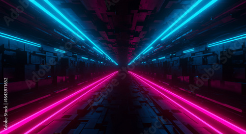 Abstract perspective view of a dark corridor with bright neon blue and pink lights stretching into the distance  creating a futuristic tunnel effect.