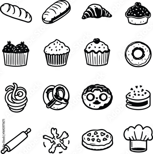 Grid of 16 Black-and-White Bakery Icons Featuring Bread, Baguette, Croissant, Muffin, Cupcakes, Donut, Ice Cream Swirl, Pretzel, Cookie, Cake Slice, Pie, Rolling Pin, Chef Hat, and Crossed Bones—Styli
