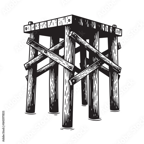 Vintage engraved wooden structure illustration of a wooden pier or water tower in black and white