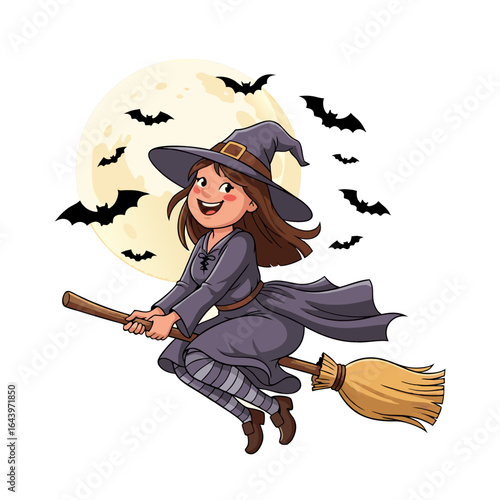 Happy young witch flying on broom with full moon and bats