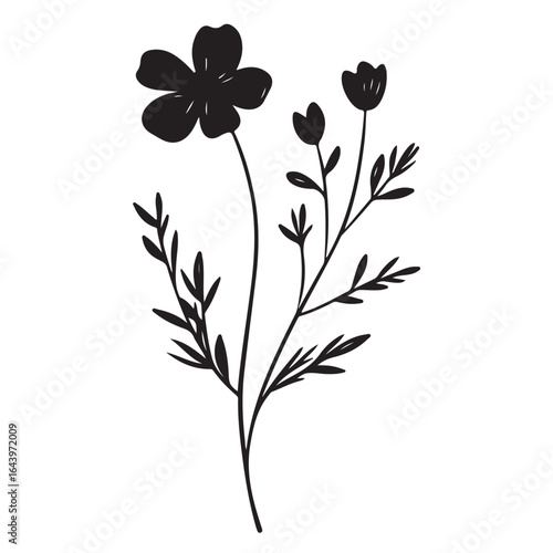 vertical poster or card template with a simple icon of a mallow bud drawn with several lines in line art style, for logos and tattoos