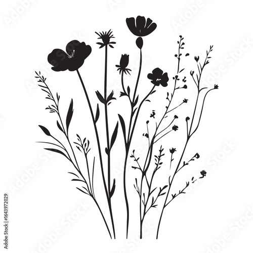 vertical poster or card template with a simple icon of a mallow bud drawn with several lines in line art style, for logos and tattoos