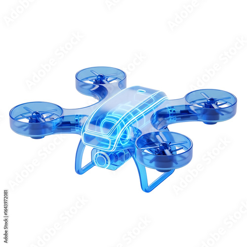 Futuristic translucent blue drone with glowing internal components isolated on transparent background