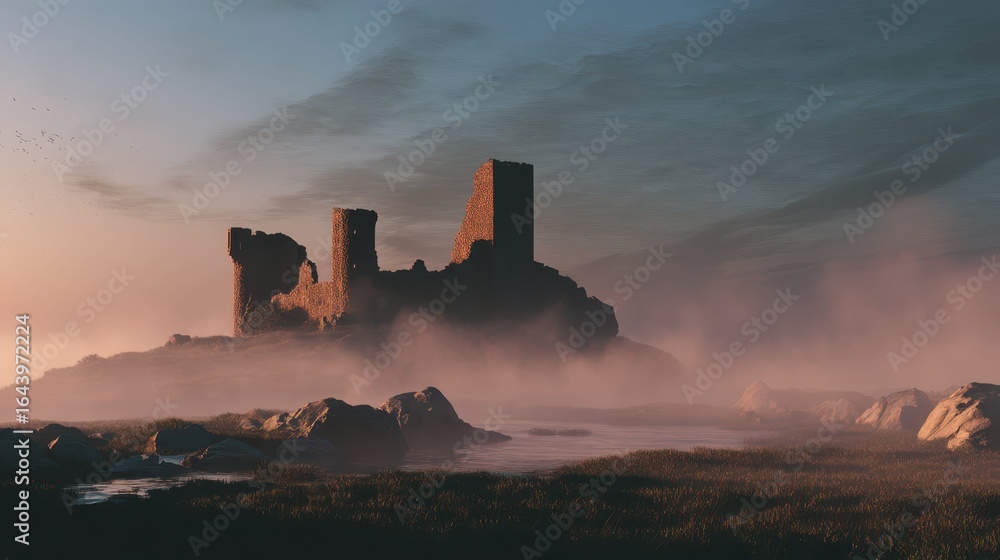 Obraz premium Mystical Medieval Castle Ruins at Dawn with Ethereal Mist