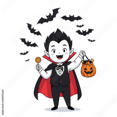 Boy dressed as dracula holding candy bucket with bats behind