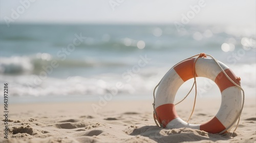 Lifeguard rescue ring on beach sand near sea shore