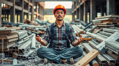 Focused construction worker meditating cross-legged amidst site debris, finding inner peace and mindfulness for stress relief in a demanding environment.
