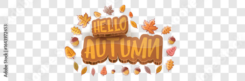 vector hello autumn horizontal banner or label with text and falling autumn leaves on transparent horizontal background. Cartoon hello autumn poster, flyer or wide banner