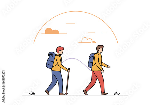 Two hikers enjoy scenic trail walk using trekking poles and backpacks A vibrant minimalist illustration evokes adventure and outdoor exploration Perfect for travel and lifestyle content