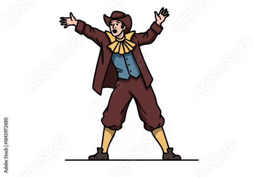 theatrical performer in period costume gestures dramatically on stage Vibrant colors and a dynamic pose create a lively festival scene Perfect for entertainment and event visuals