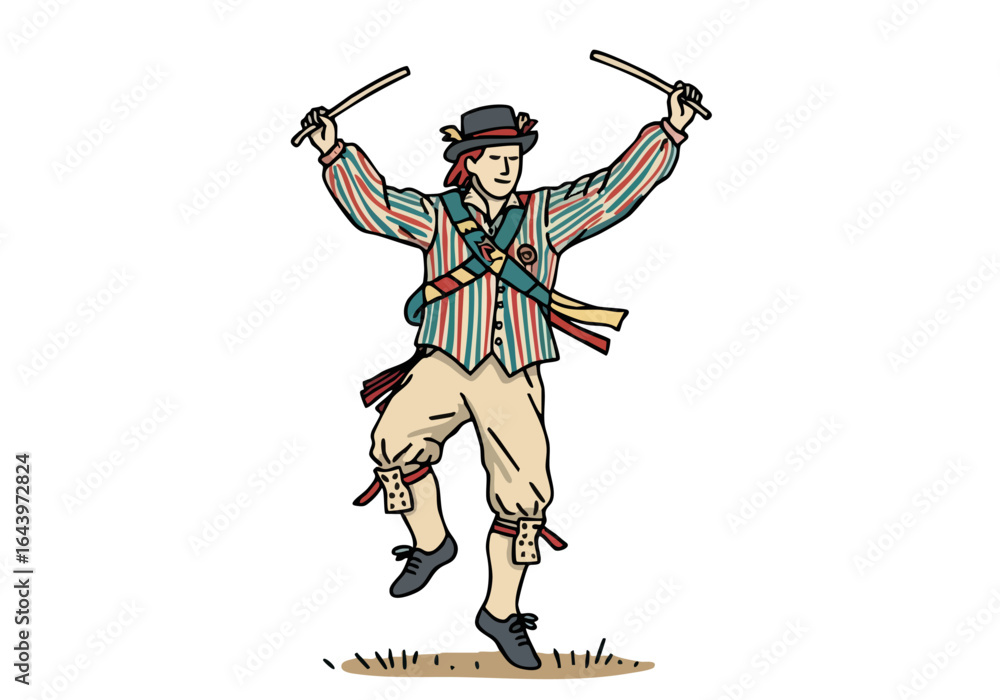 Obraz premium vibrant illustration depicts a man in traditional folk dance attire enthusiastically performing with sticks Bold colors and a clear composition make this image ideal for commercial use