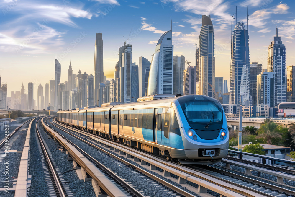 Fototapeta premium Urban rail transport against city skyline.